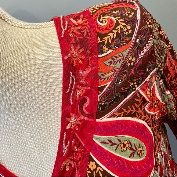 ALC Argyle Paisley Print 100% Rayon Bead Sequin V Neck Long Sleeve Blouse Small - Picture 9 of 14